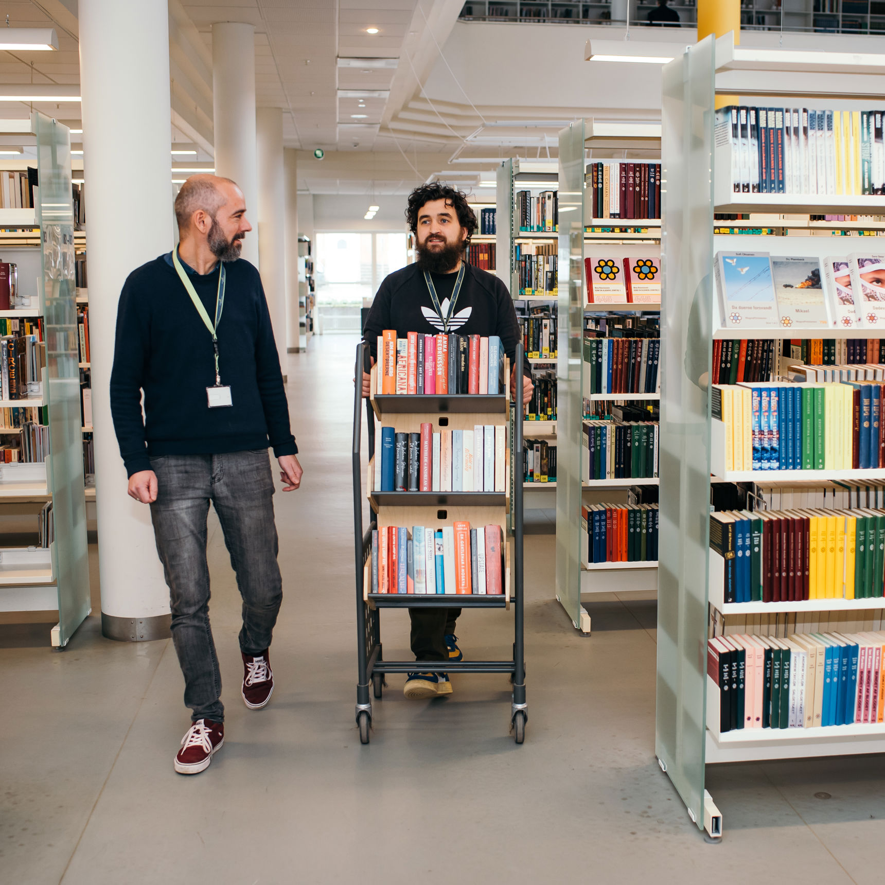 To mænd går på biblioteket
