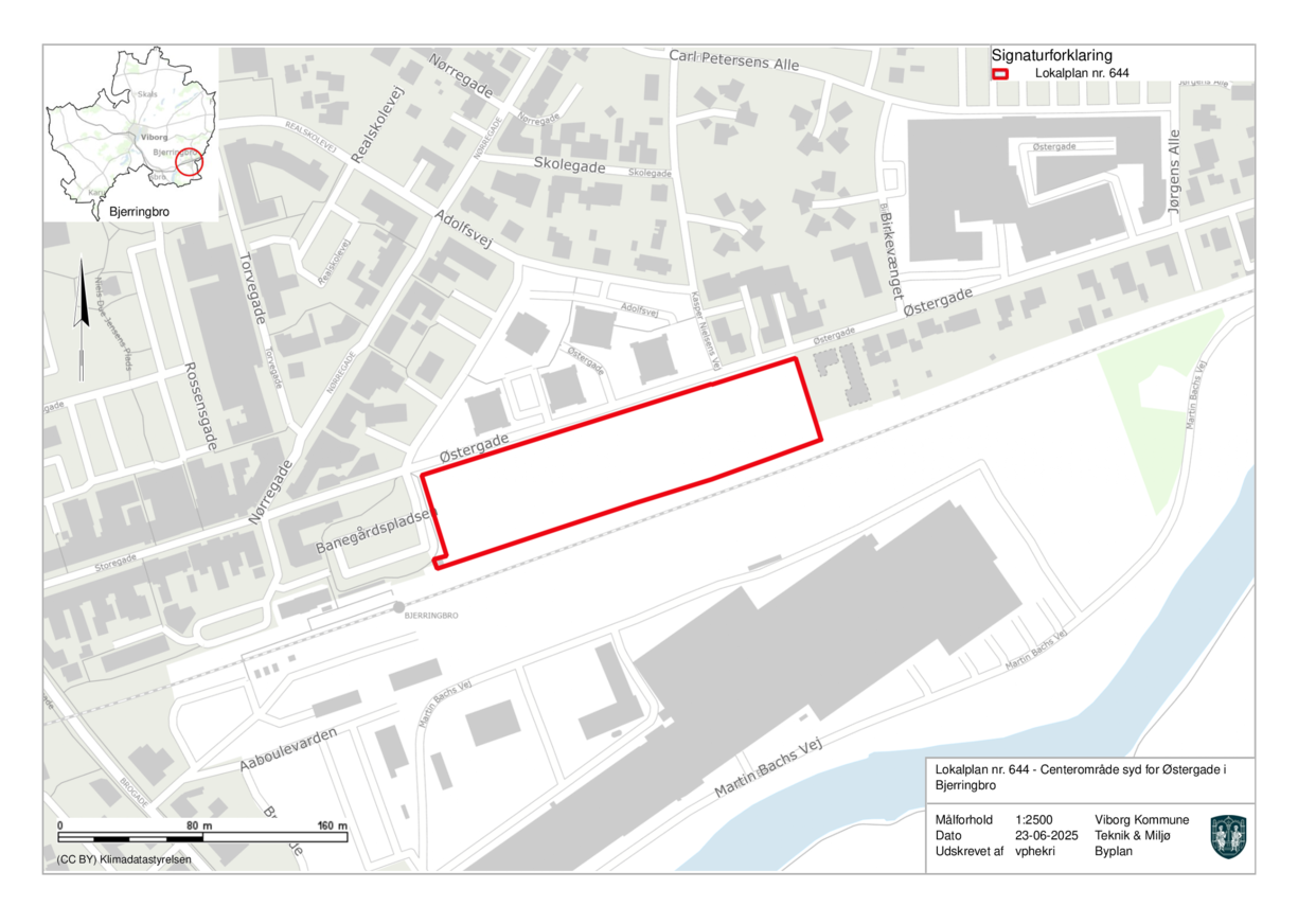 Oversigtskort over centerområde syd for Østergade i Bjerringbro