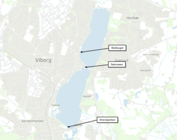 Grafisk kort over Nørresø og Søndersø i Viborg. Bådpladserne er markeret.