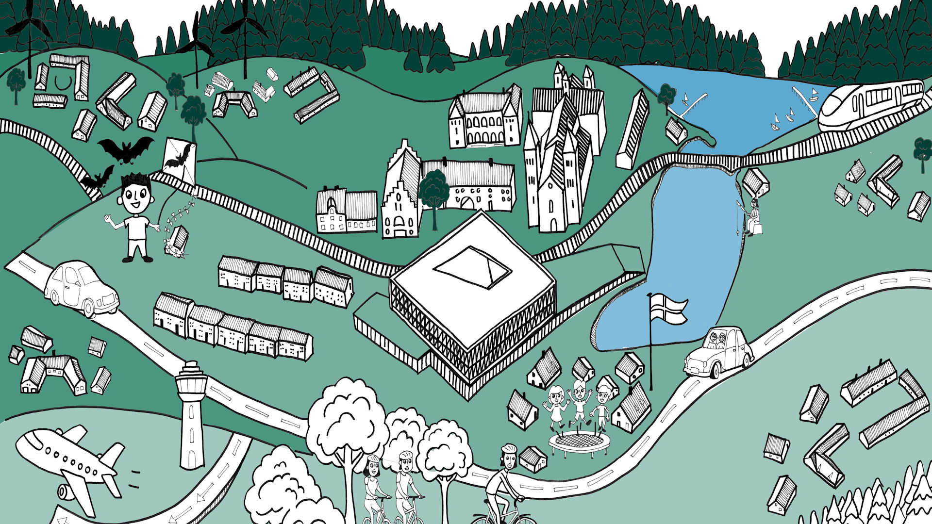 Grafik med huse, landbrug, landsbyer, søer, skov, veje