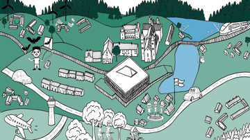 Grafik med huse, landbrug, landsbyer, søer, skov, veje