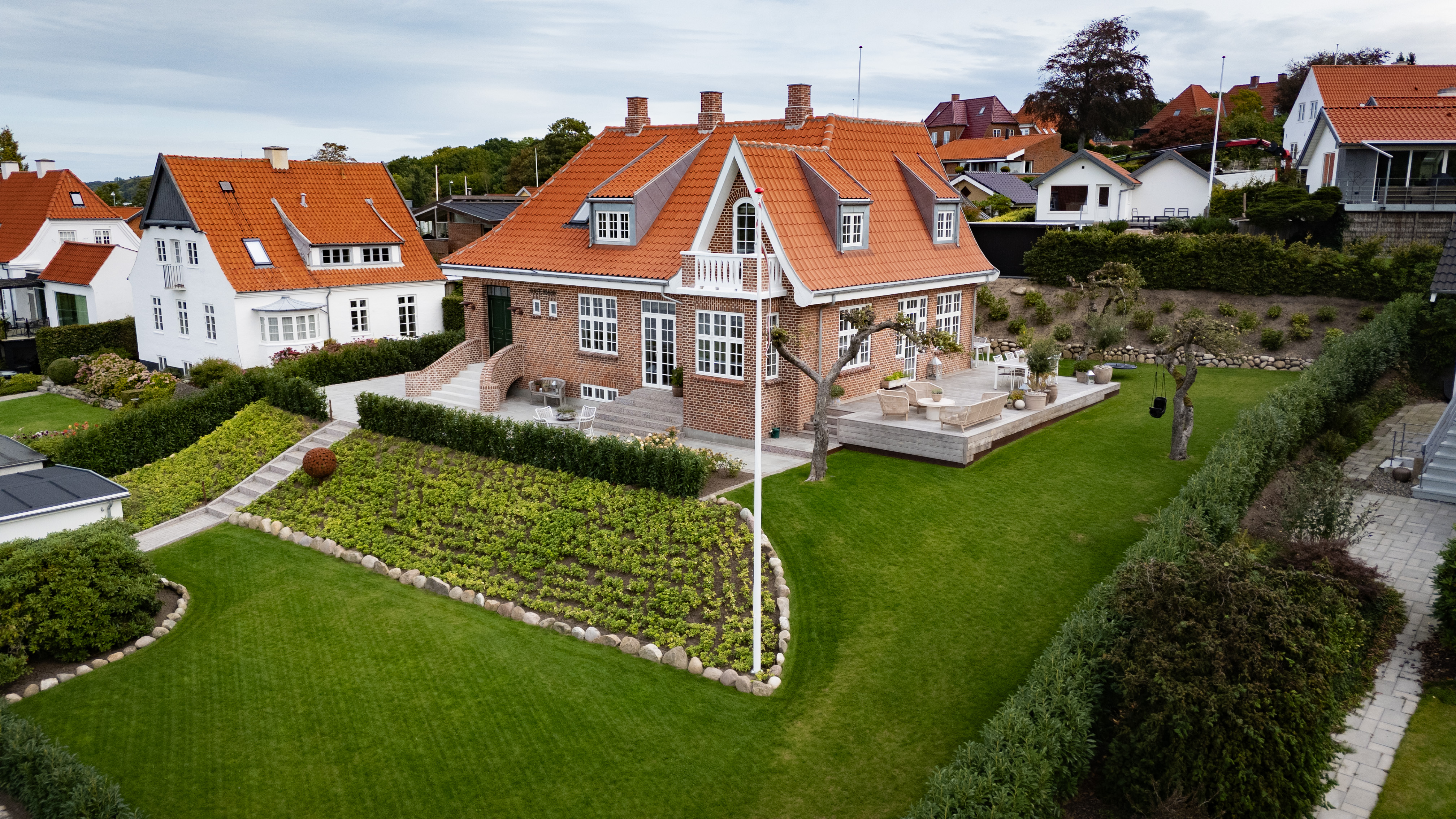Skråfoto af huset og haven