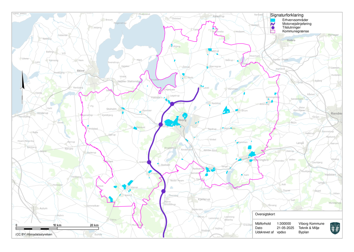Kort over viborg Kommune med signaturer til: erhvervaområder, motorvej, tilslutninger, og kommunegrænse