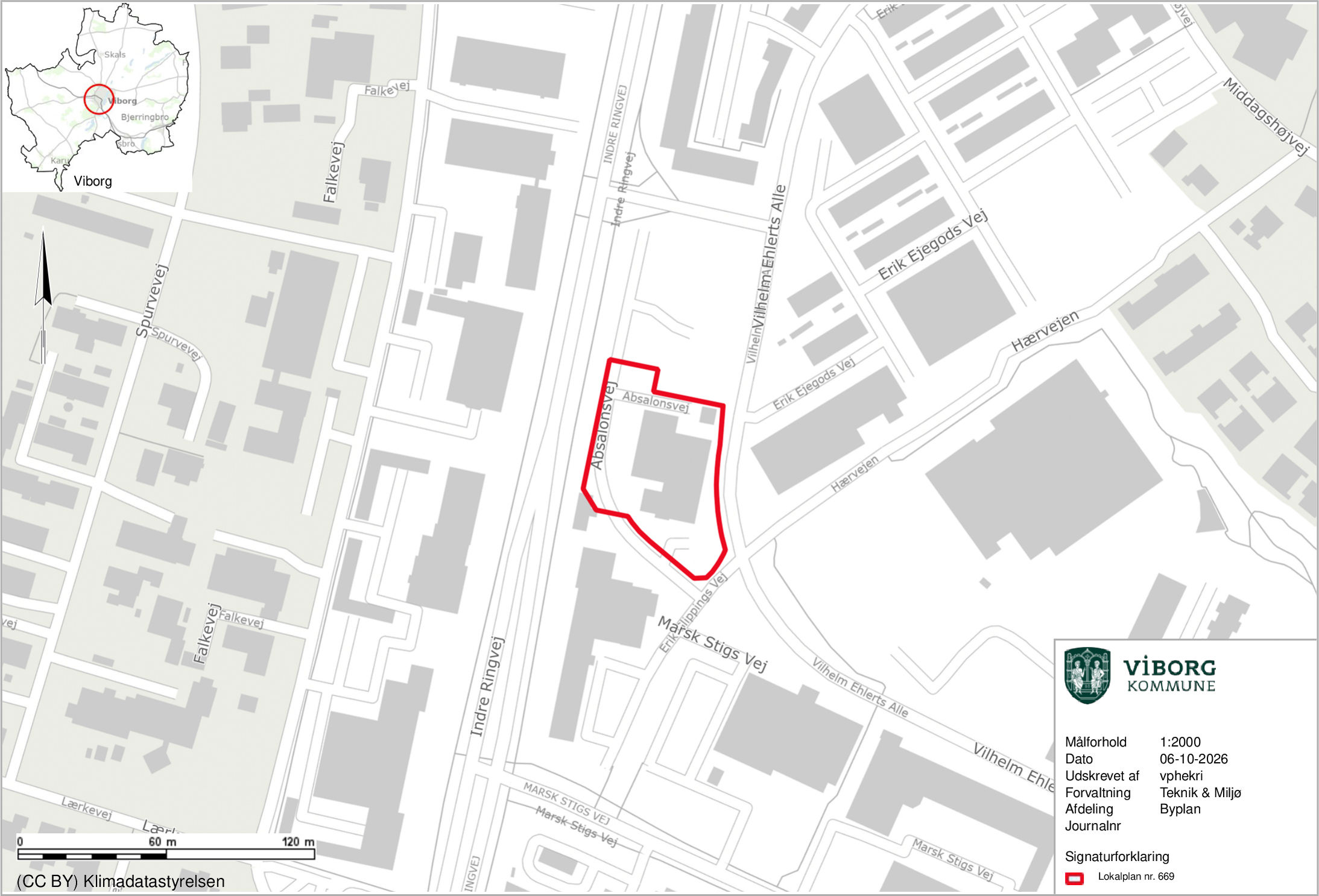Oversigtskort over område til hotel ved Indre Ringvej i Viborg
