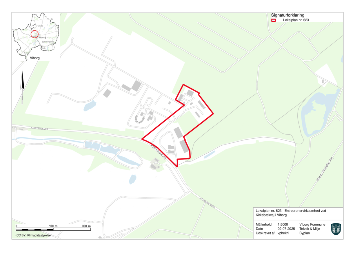 Kort over området ved Kirkebækvej i Viborg