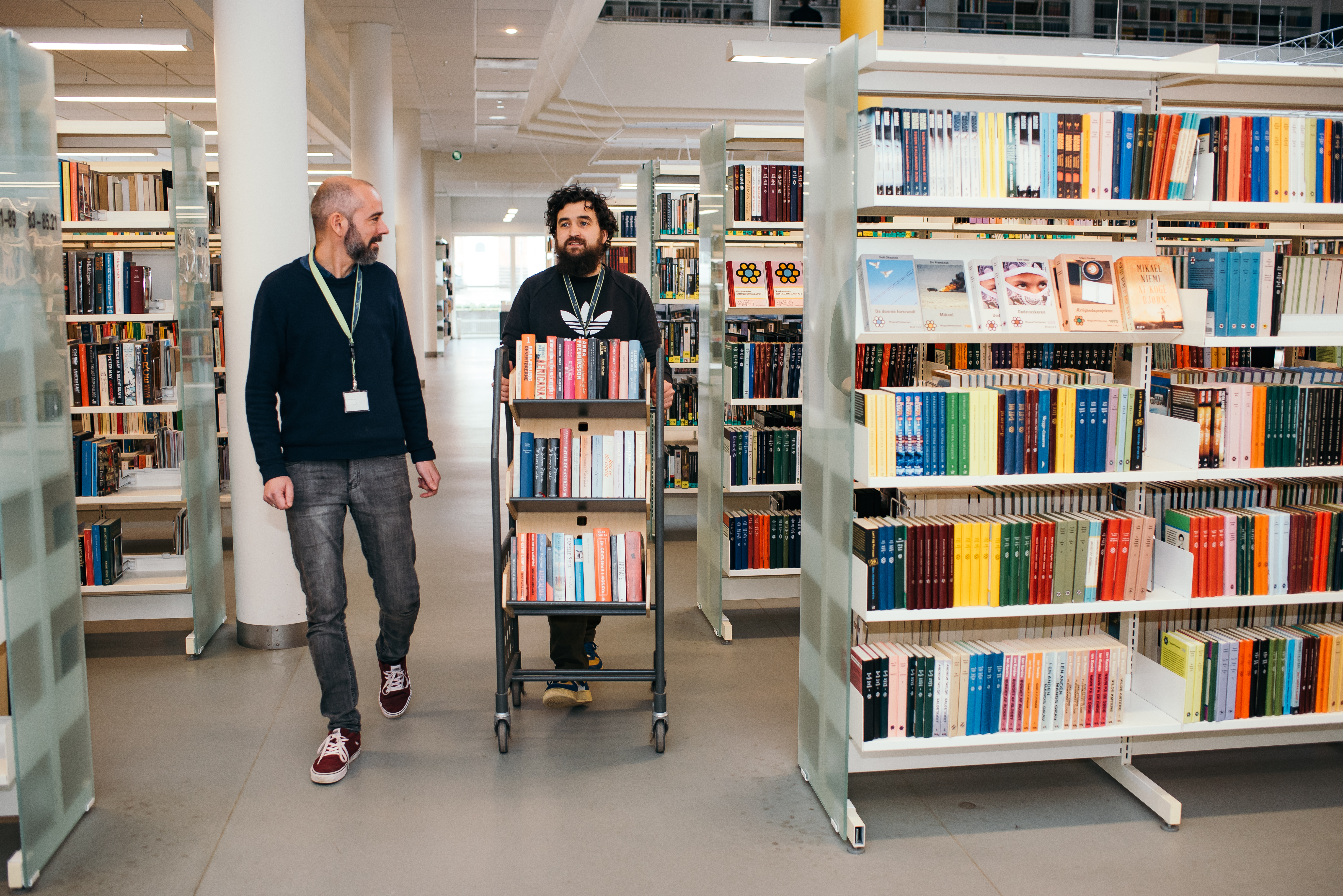 To mænd går på biblioteket
