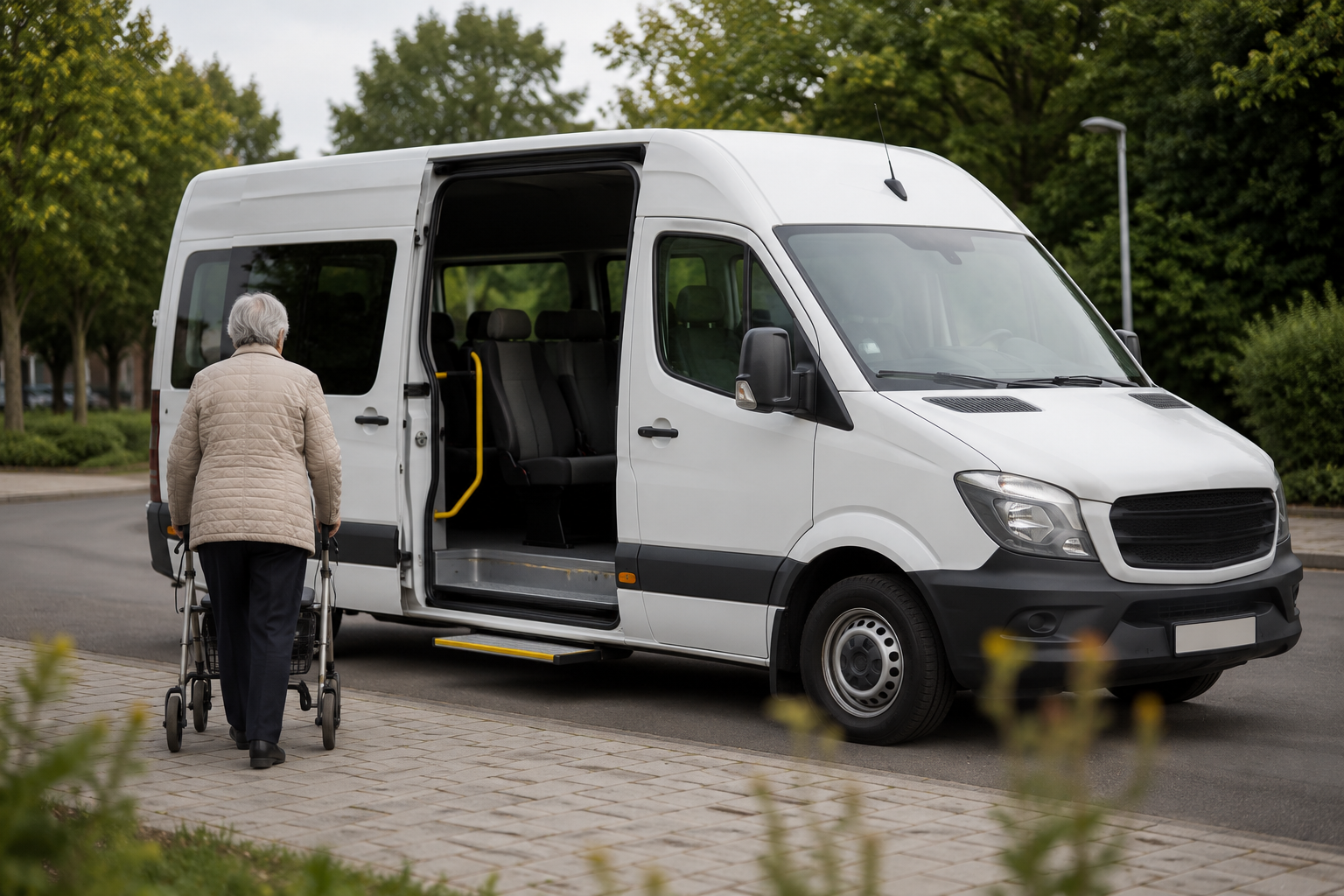 Ældre kvinde udenfor en minibus
