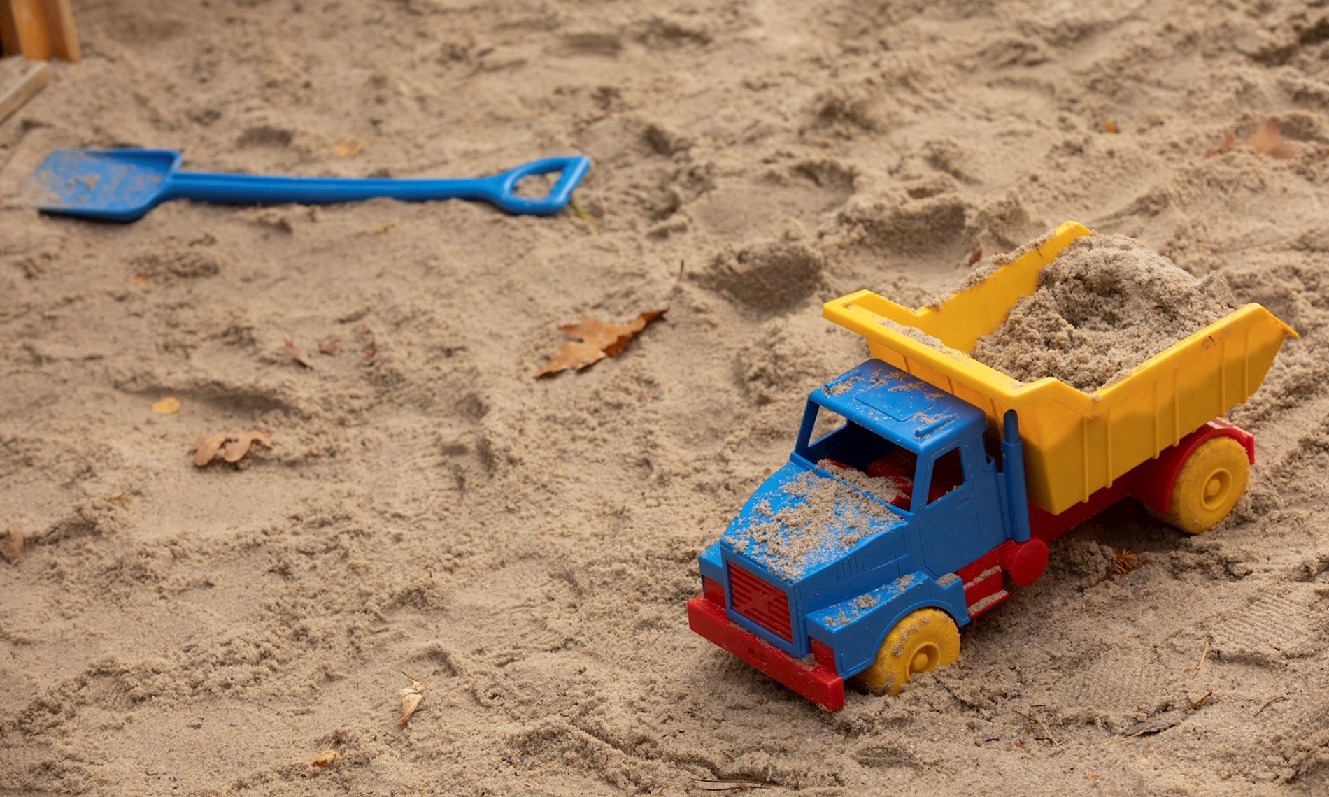 Legetøjslastbil og skovl, der ligger i sandkasse