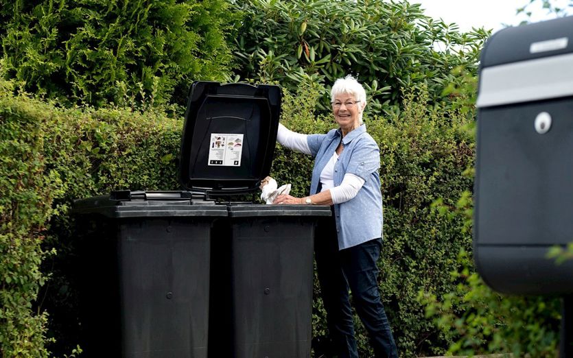 Dame sorterer affald ved containere