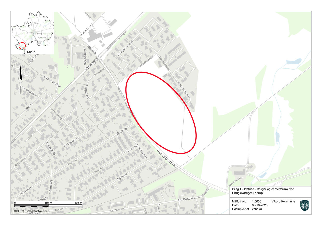 Oversigtskort over område til boliger og centerformål ved Urfuglevænget i Karup