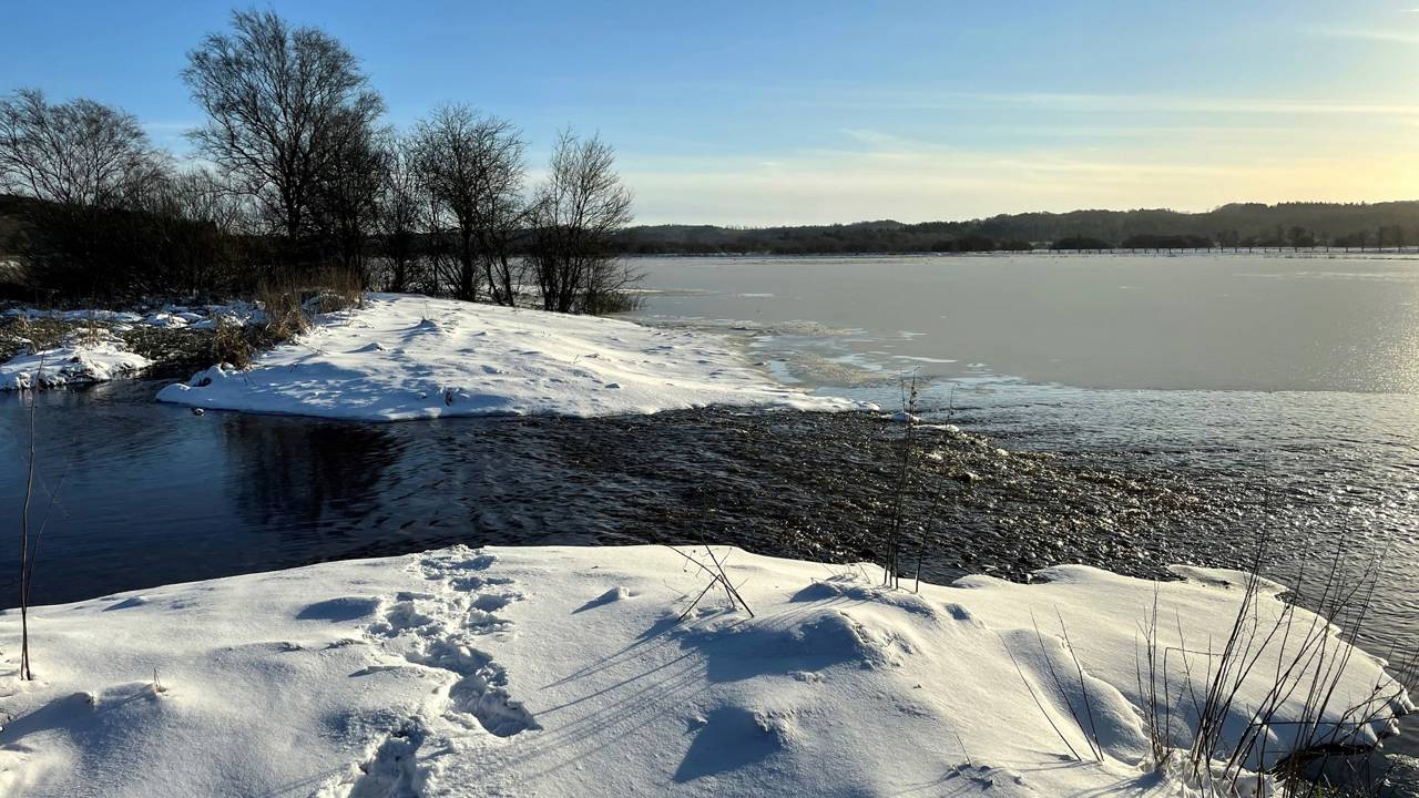 Vinterbillede af et vandløb der løber ud i en sø