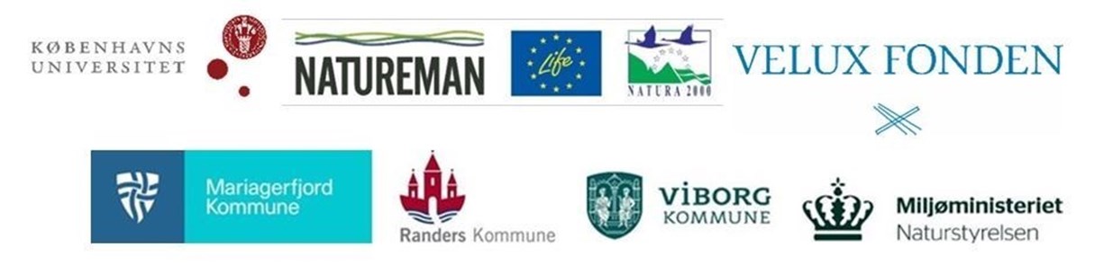 Logoer for Københavns Universitet, Natureman, LifeIP, Natura 2000, Velux Fonden, Mariagerfjord kommune, Randers kommune, Miljøministeriet og Viborg Kommune